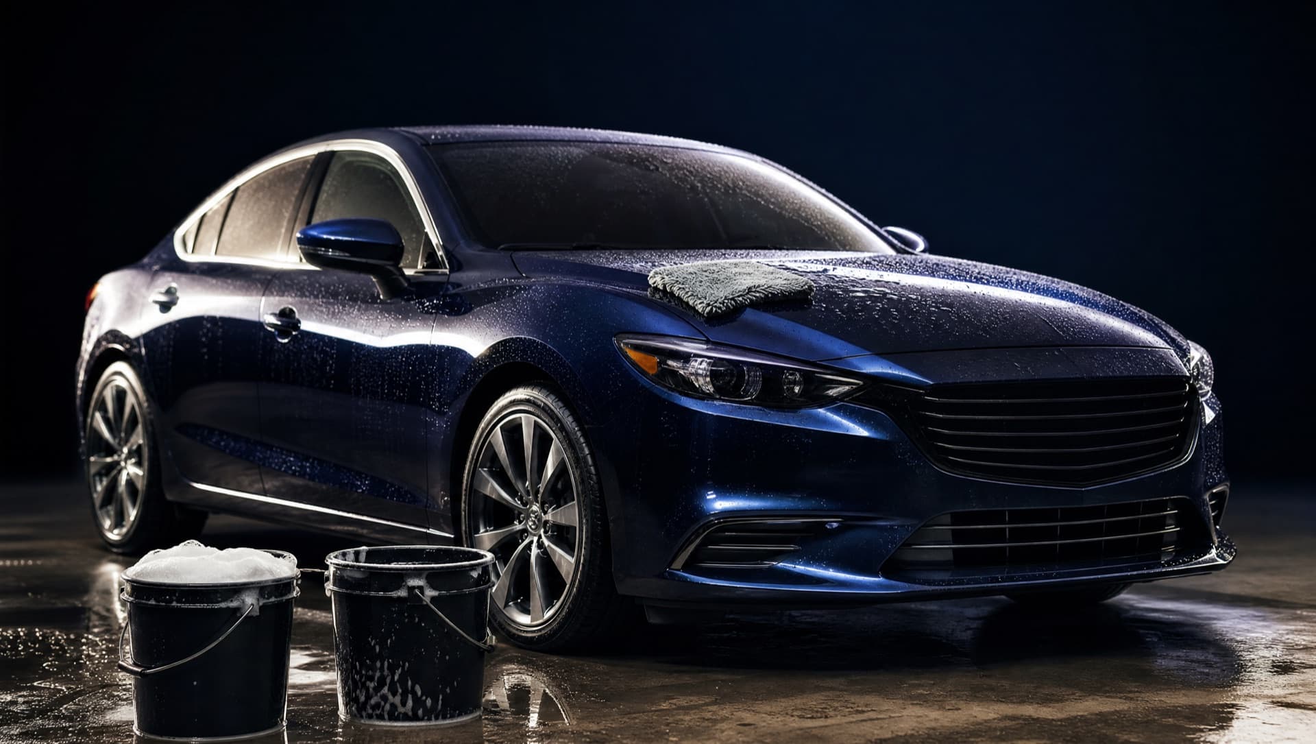 A dark blue car being hand-washed on a driveway with two buckets and a microfibre mitt