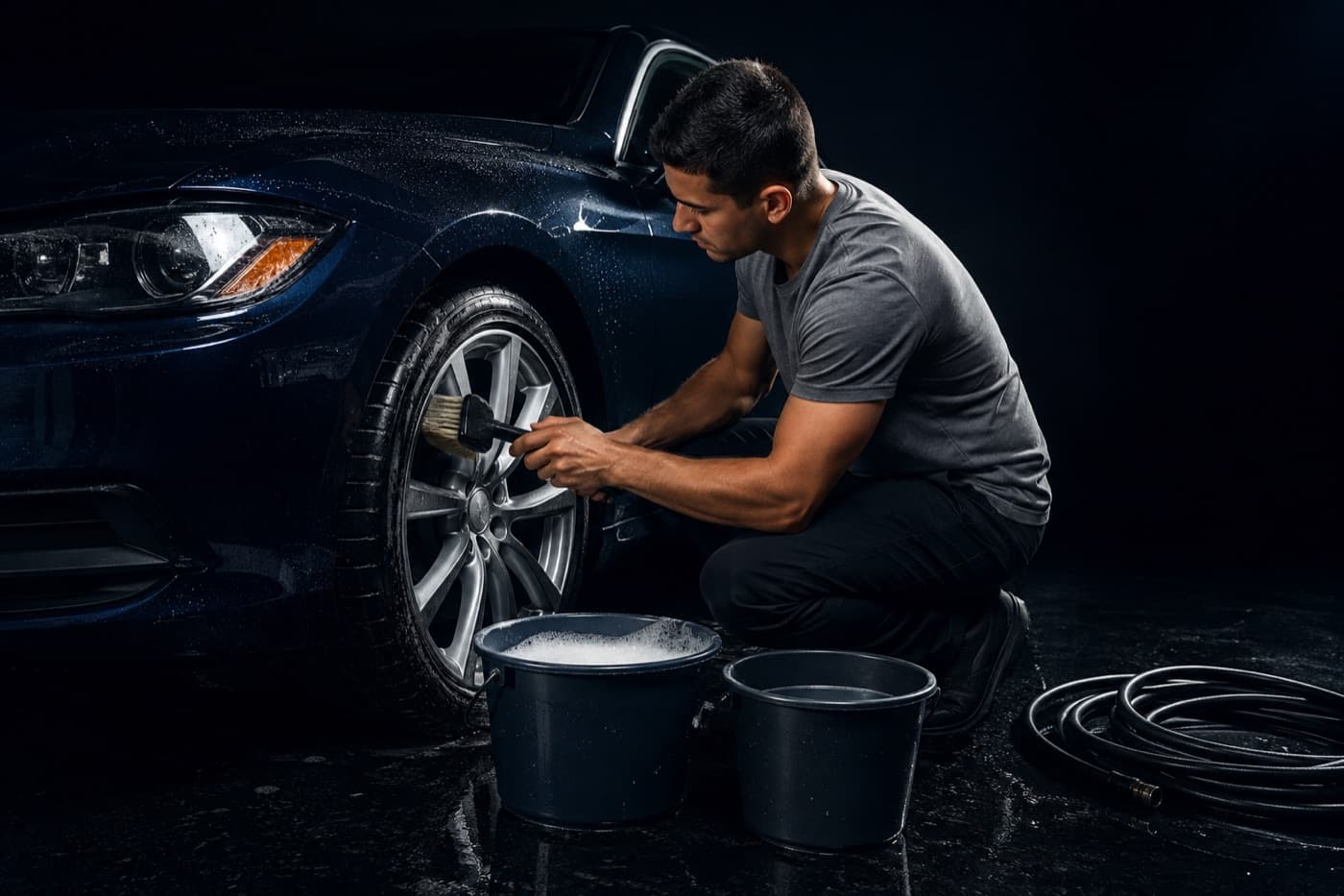 A person washing a car wheel with a brush on a suburban driveway