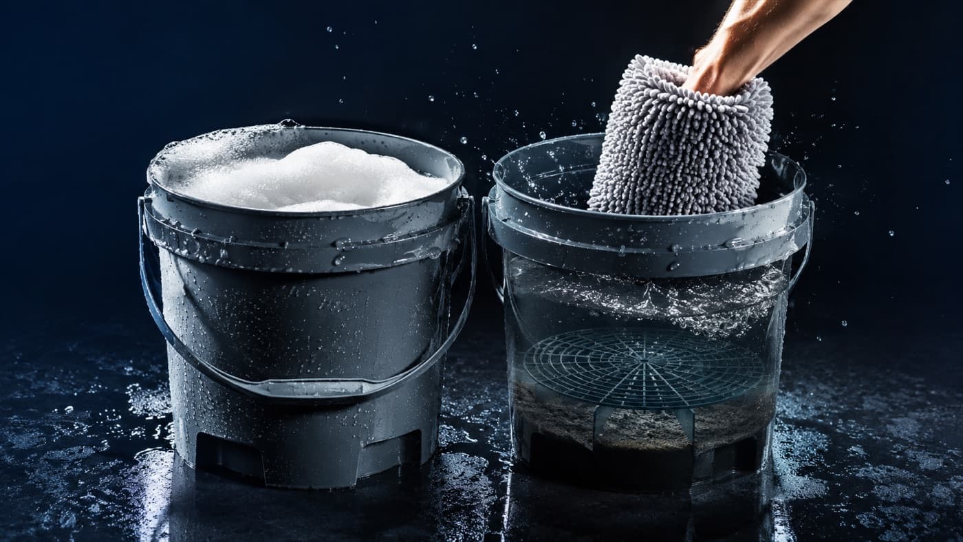 Two wash buckets side by side, one with suds and one with rinse water and a grit guard