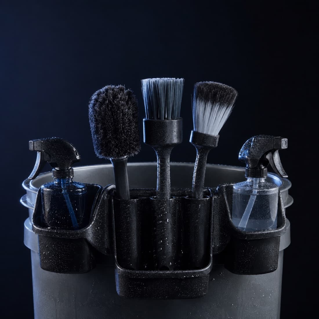 Bucket Wheel Caddy — Hooks over the wheel bucket rim. Brushes stay off the ground.