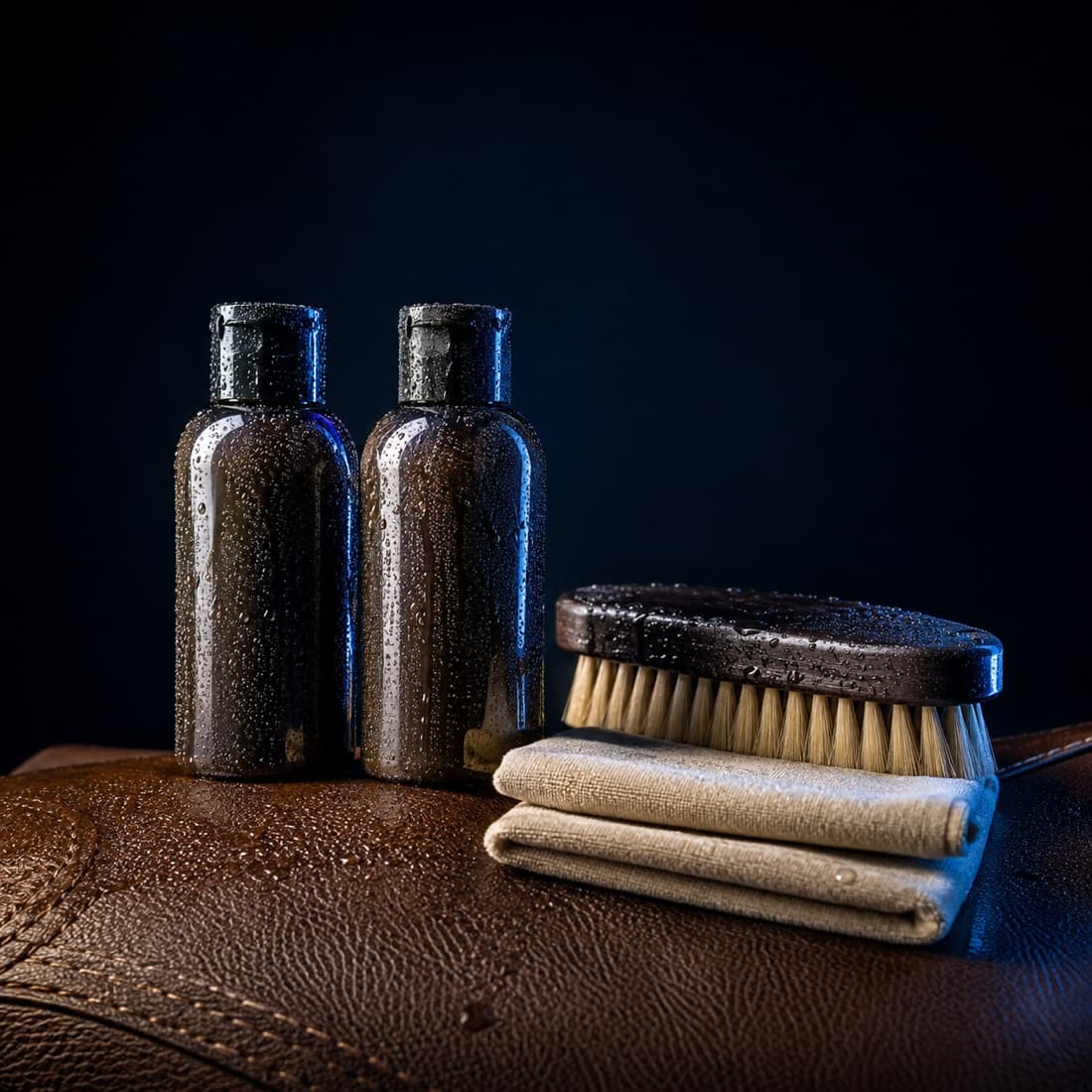 Leather Cleaner & Conditioner Duo — Clean first, then feed. Two bottles because it is two jobs.
