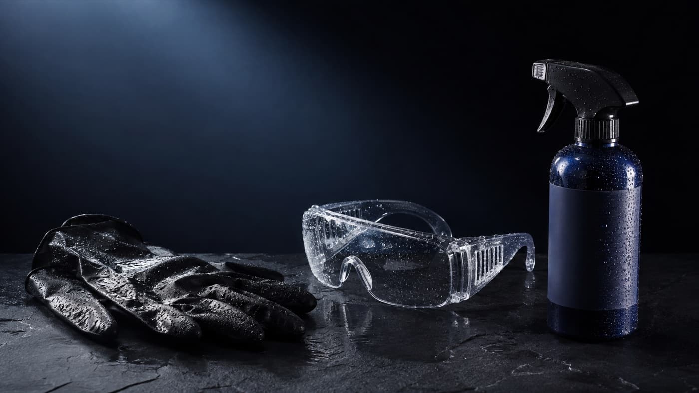 Nitrile gloves, safety goggles and an unbranded spray bottle on a dark surface